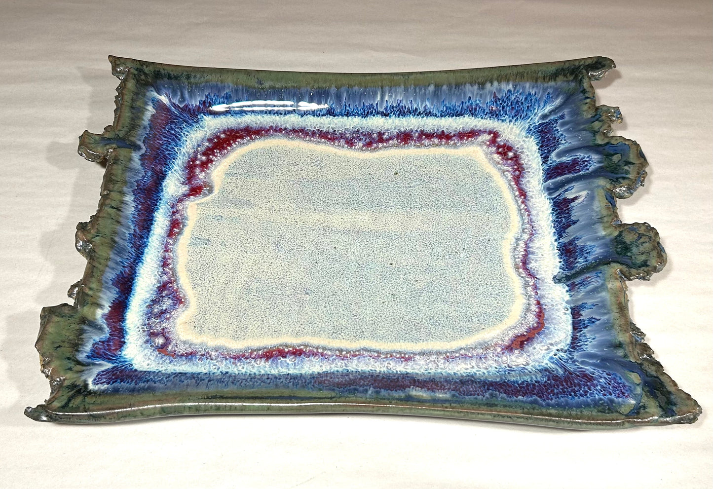 Live Edge Ceramic Tray with Electris blue glaze. Handmade.