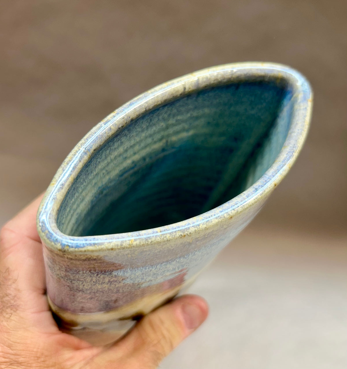 Hand-built slab pottery vase - Snowy Mountain Glaze