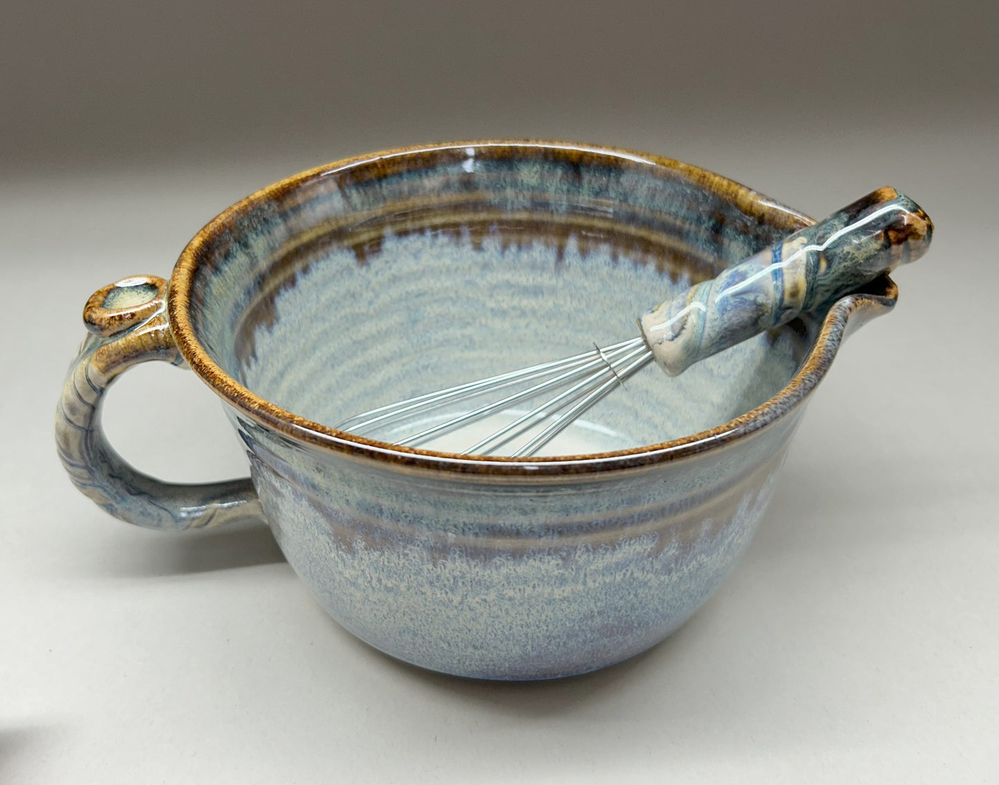 Handmade Pottery Batter Bowl with Whisk – Rustic Ceramic Mixing Bowl for Baking