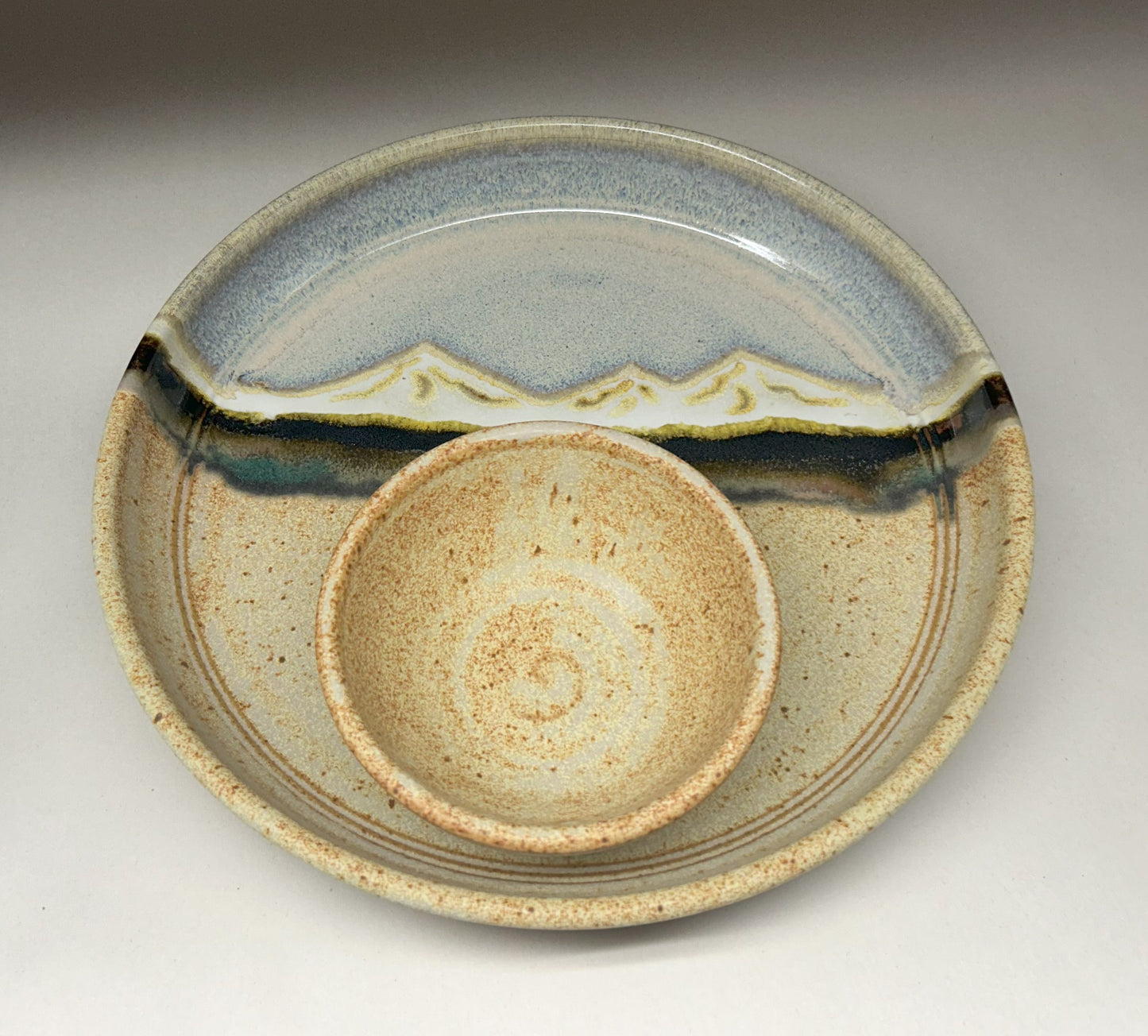 Handmade Pottery Chip and Dip Bowl with Snowy Mountain Glaze – Perfect for Entertaining