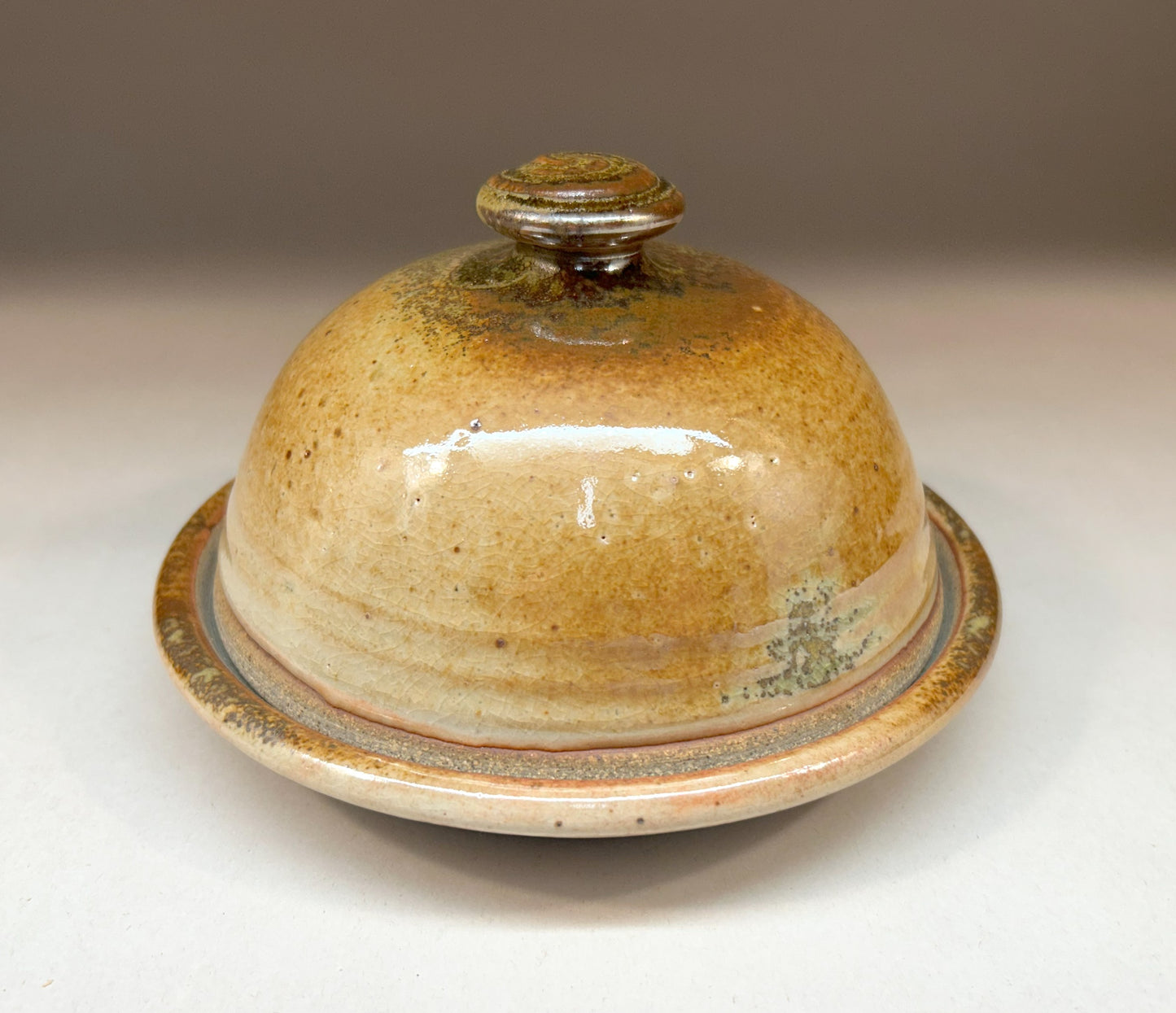 Pottery Butter Dish - Domed Lid - Shino & Ash Glaze