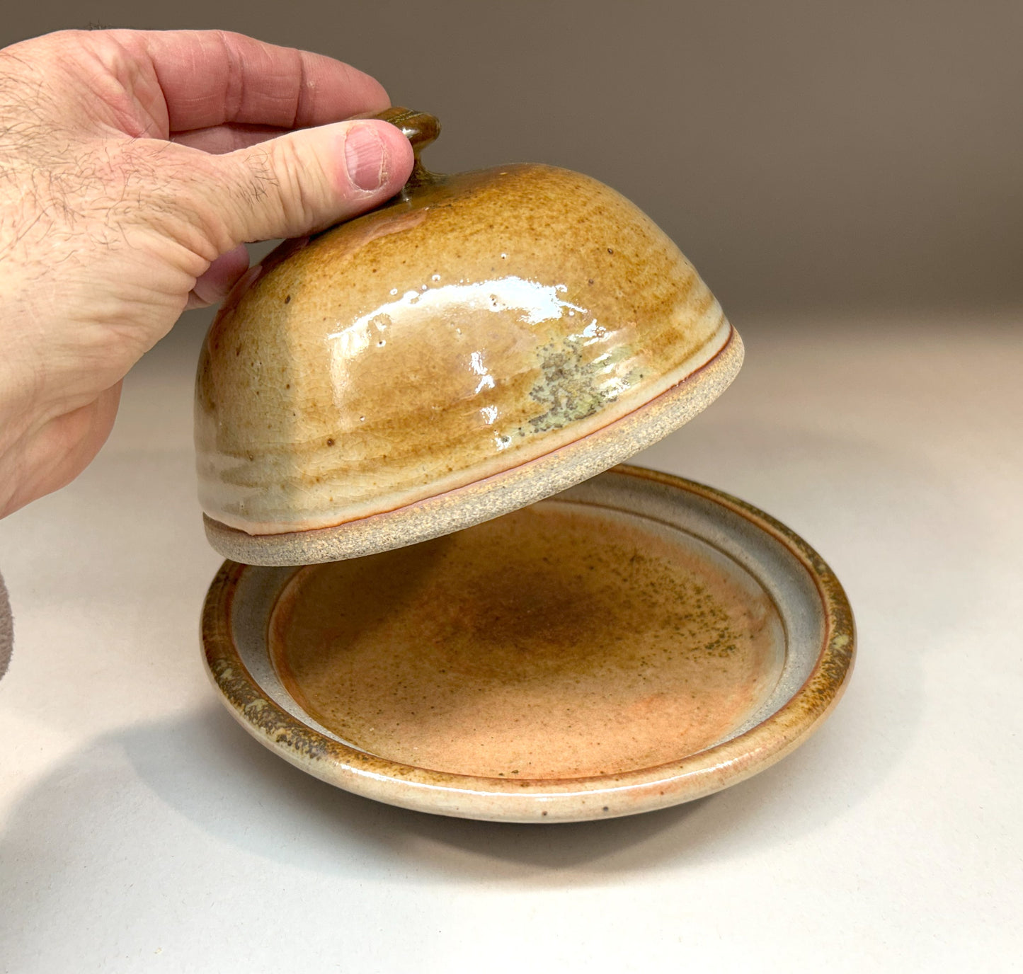 Pottery Butter Dish - Domed Lid - Shino & Ash Glaze