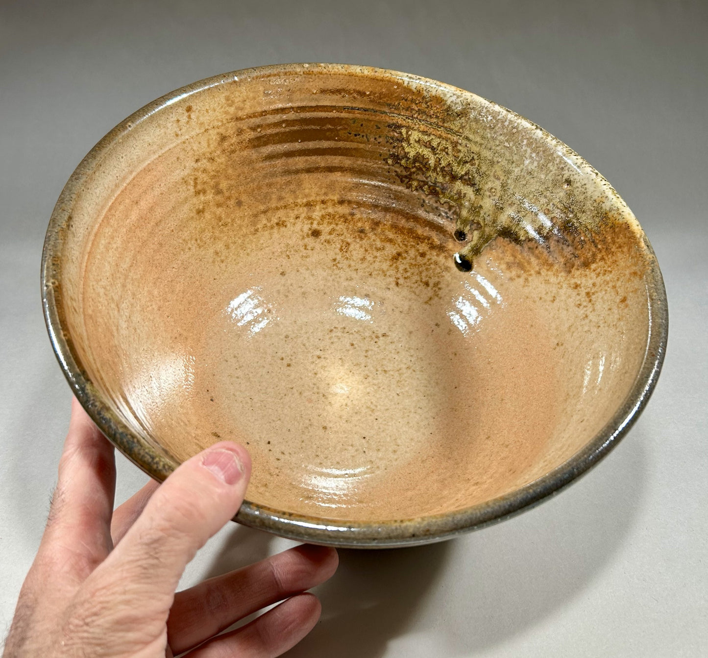 Pottery Mixing Bowl with Shino Glaze & Ash accents