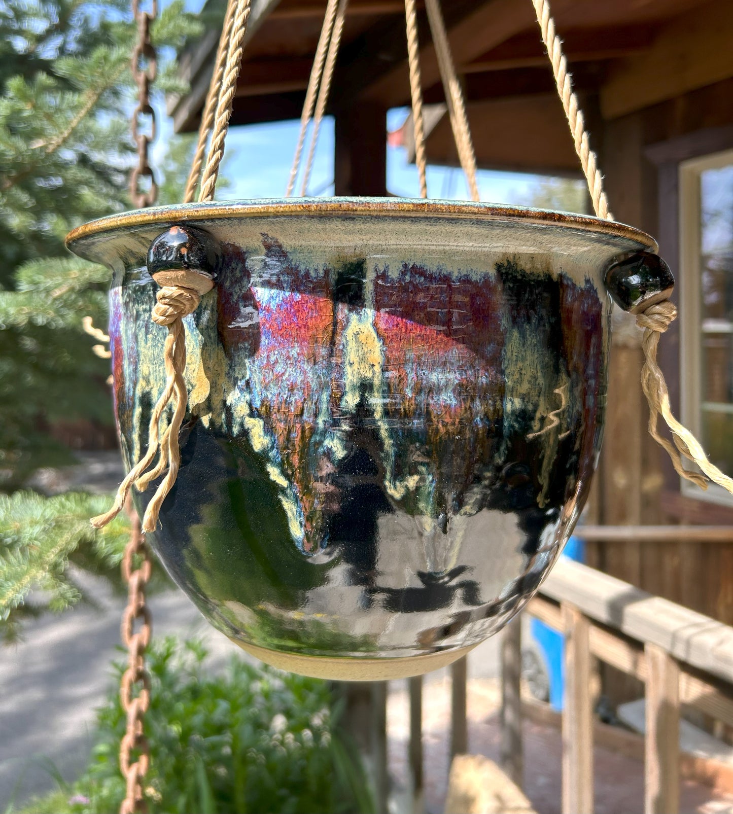 Handmade Hanging Pottery Planter with Natural Twine Hanger – Perfect for indoor or outdoor Spaces