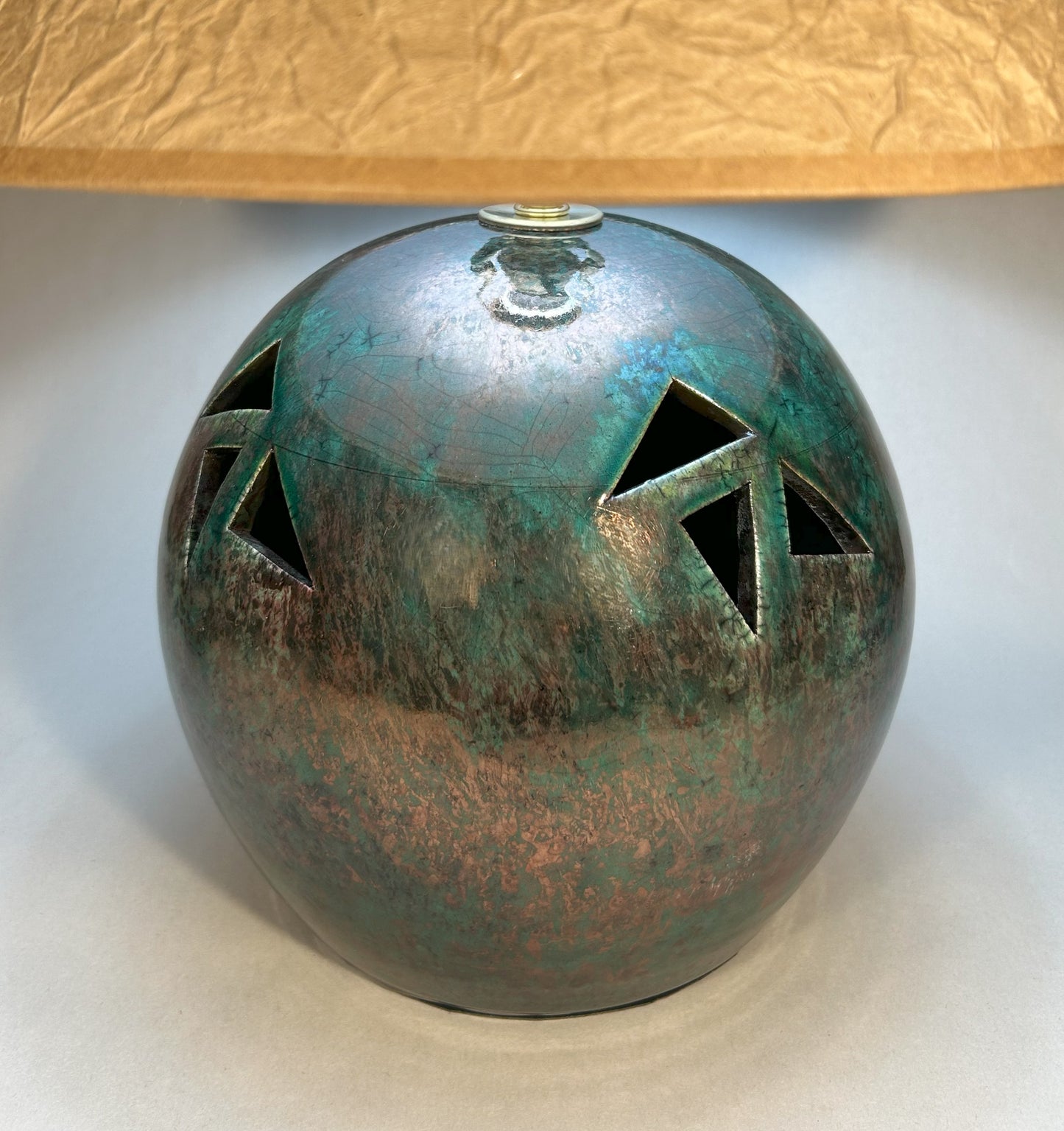 Handmade Raku Pottery Lamp - Copper Green Glaze - Wrinkled Paper Shade & Handmade Finial