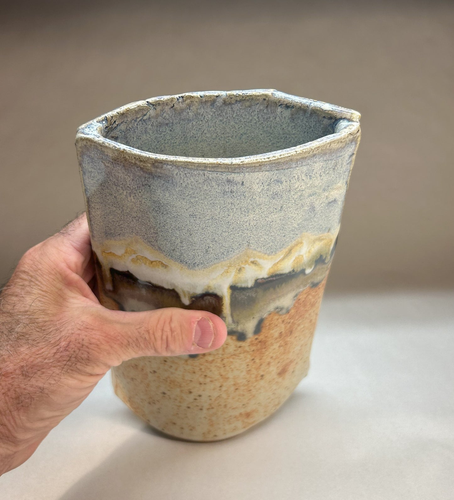 Hand-built slab pottery vase - Snowy Mountain Glaze