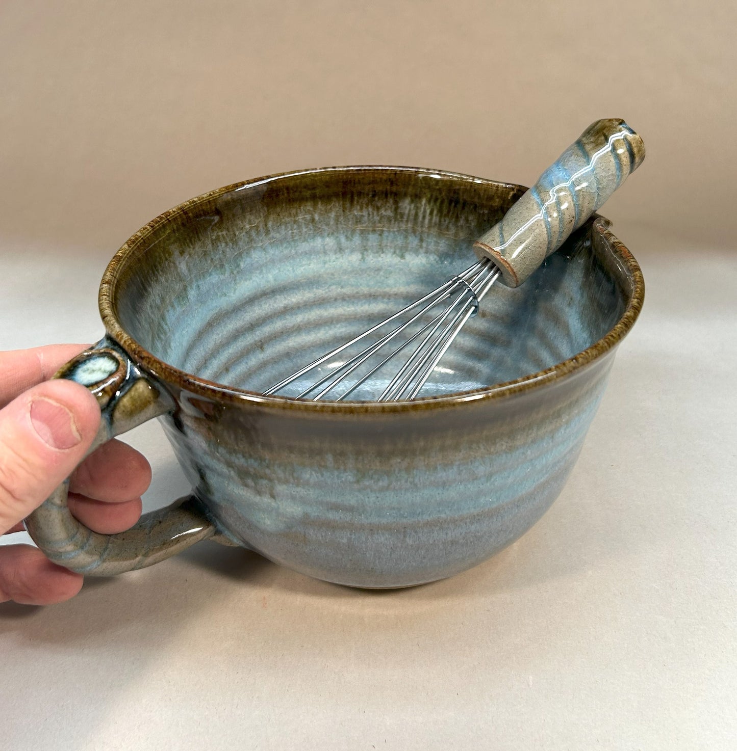 Handmade Pottery Batter Bowl – Stoneware Mixing Bowl with Handle & Spout