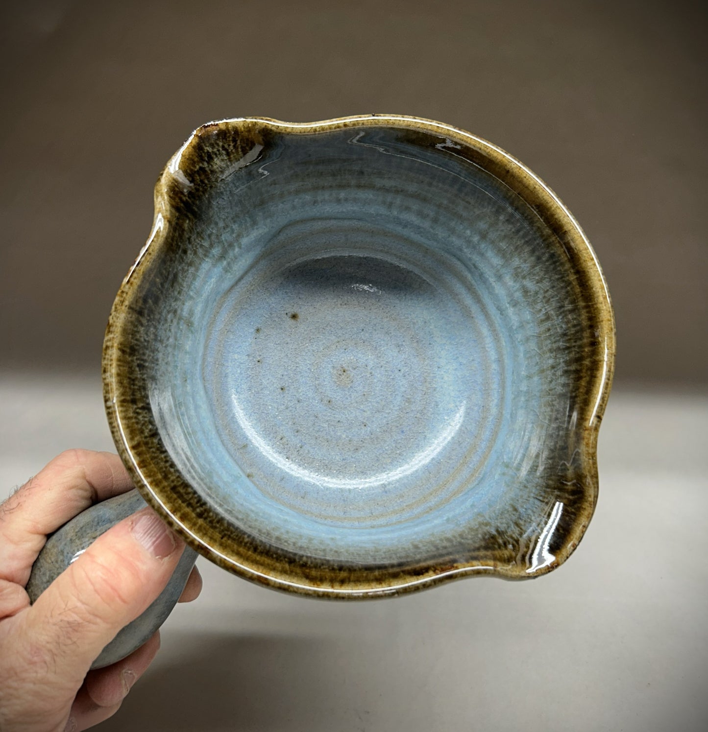 Handmade Pottery Mixing Bowl with Knob Handle & Pour Spouts