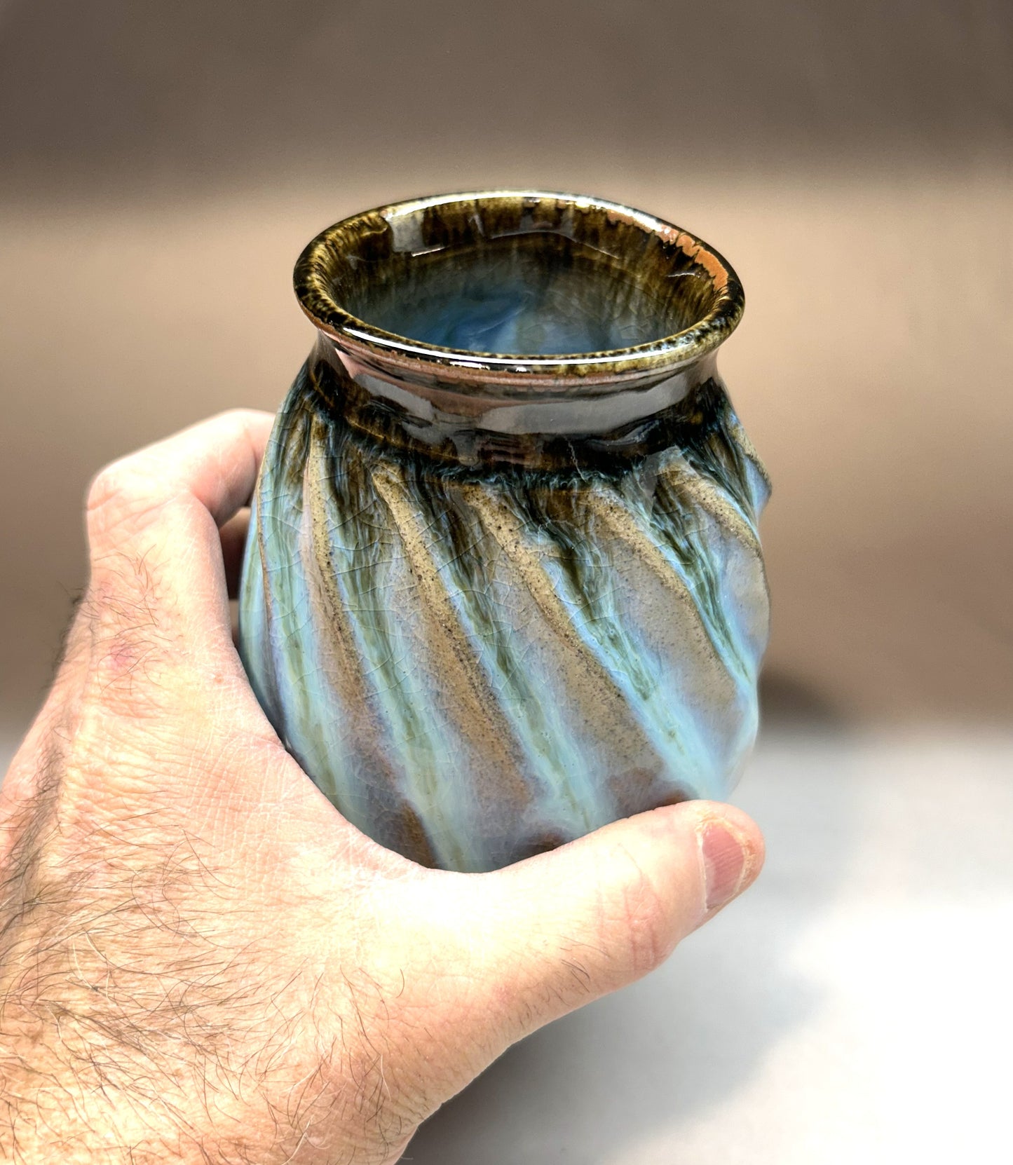 Faceted Handmade Pottery Vase - Blue Green Ash Glaze