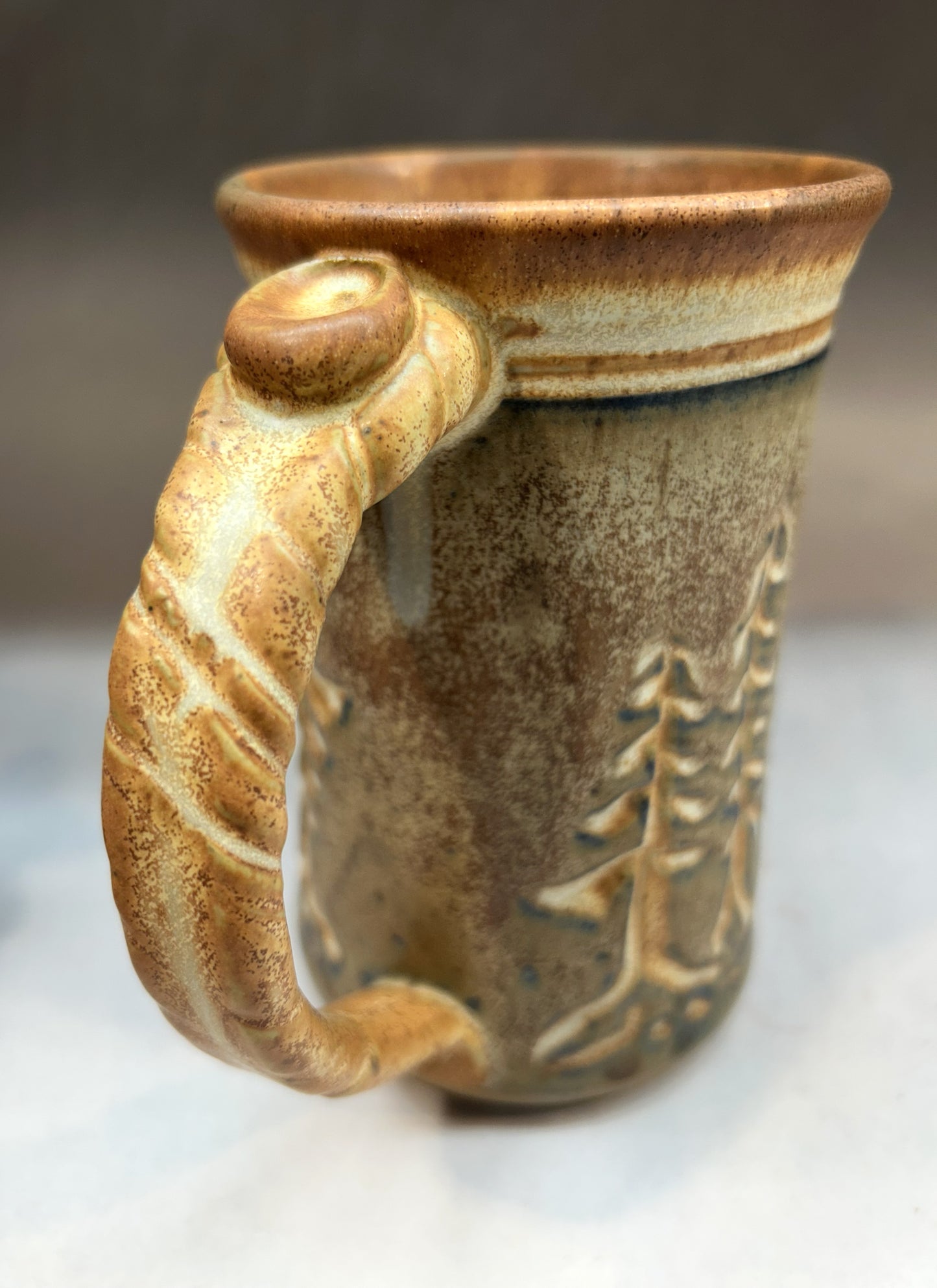 Extra Large Pottery Mug with Carved Tree design in Blue Underglaze