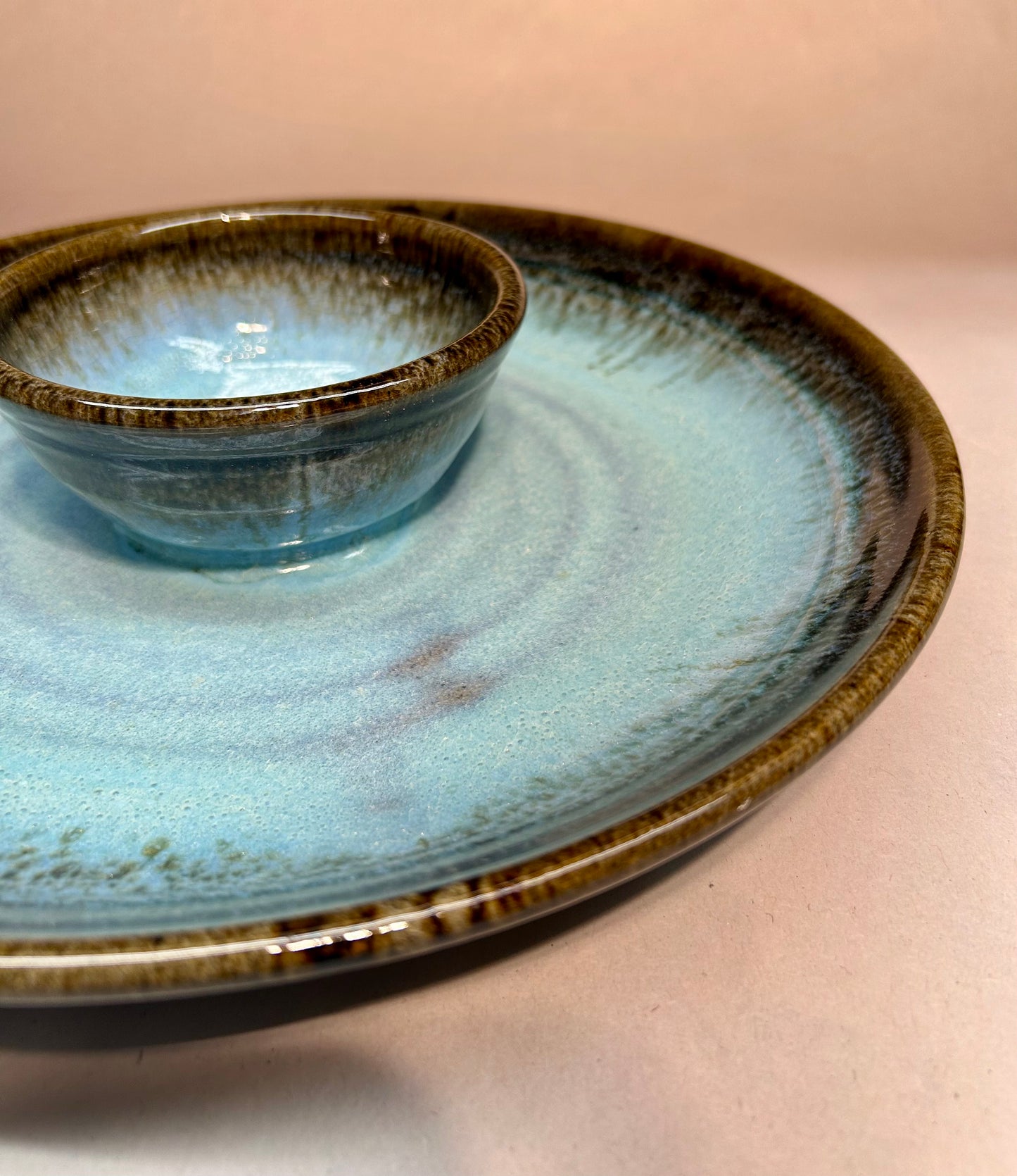 Chip-n-dip with blue-green ash glaze - Pottery Housewarming Gift
