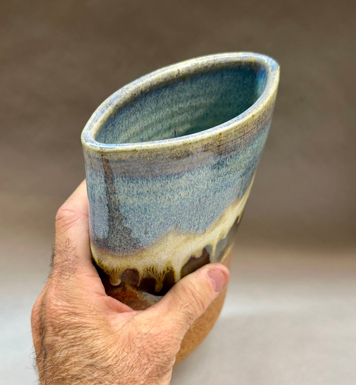 Hand-built slab pottery vase - Snowy Mountain Glaze