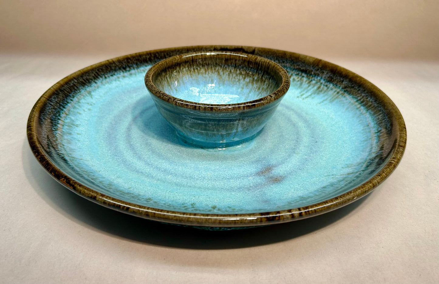Chip-n-dip with blue-green ash glaze - Pottery Housewarming Gift