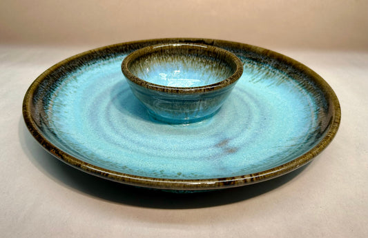 Chip-n-dip with blue-green ash glaze - Pottery Housewarming Gift