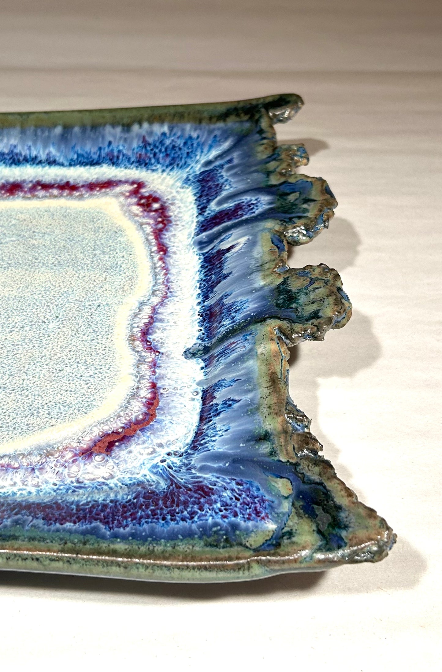 Live Edge Ceramic Tray with Electris blue glaze. Handmade.