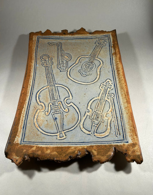 Stoneware Tray with Musical Instruments - Pottery Serving Platter - Made in Oregon