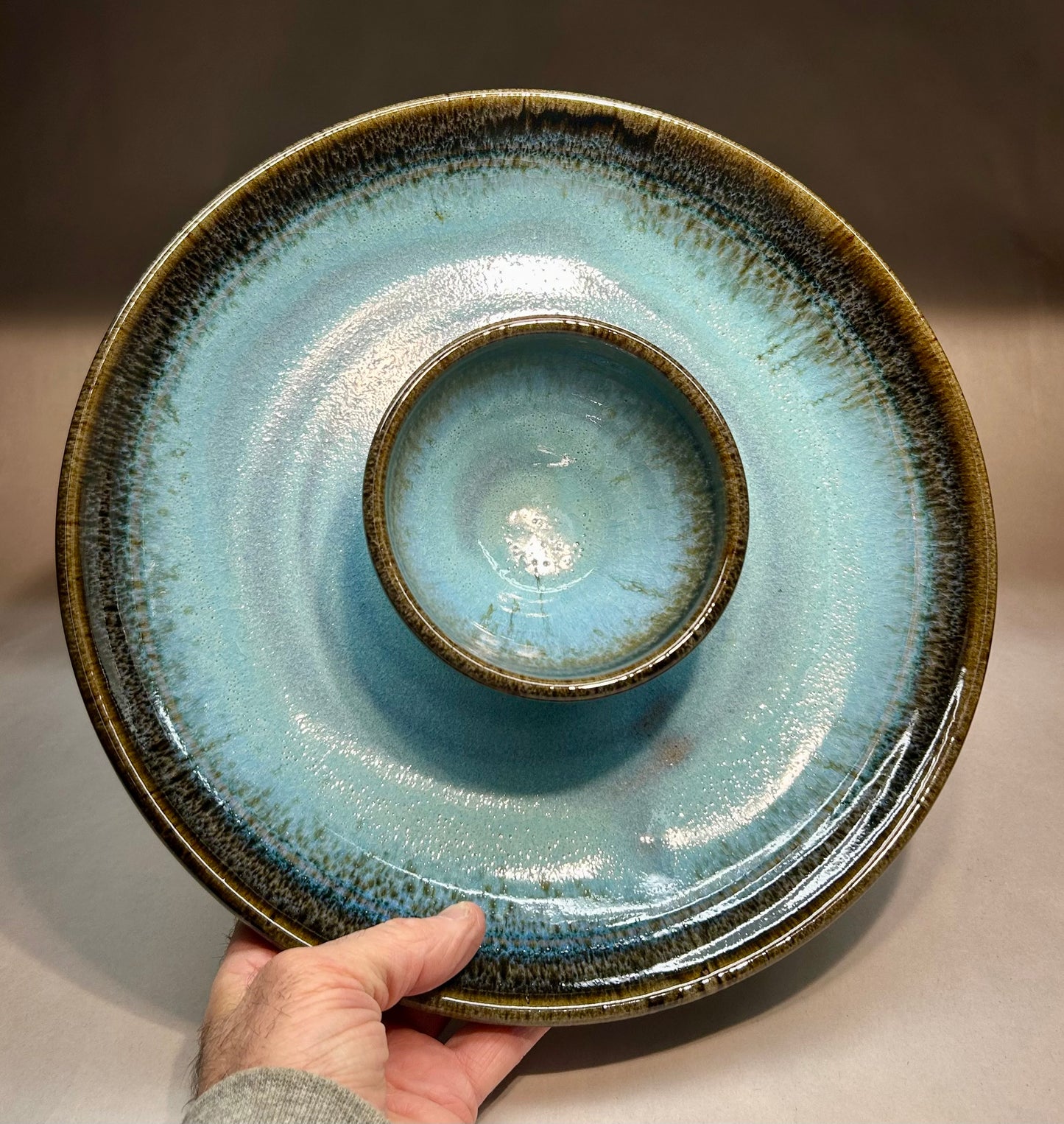 Chip-n-dip with blue-green ash glaze - Pottery Housewarming Gift