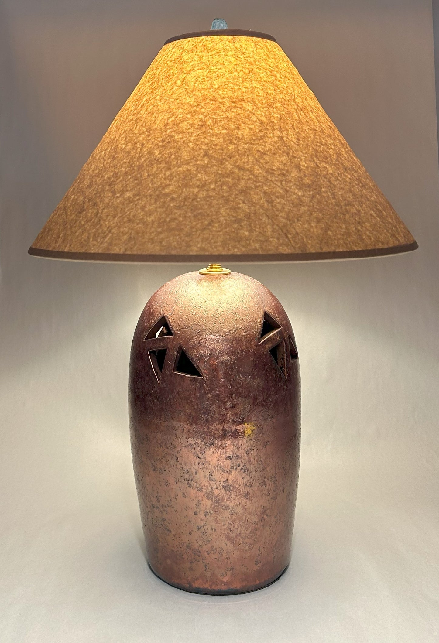 Handmade Raku Lamp with Copper Green Glaze - Wrinkled Paper Shade - Handmade Finial