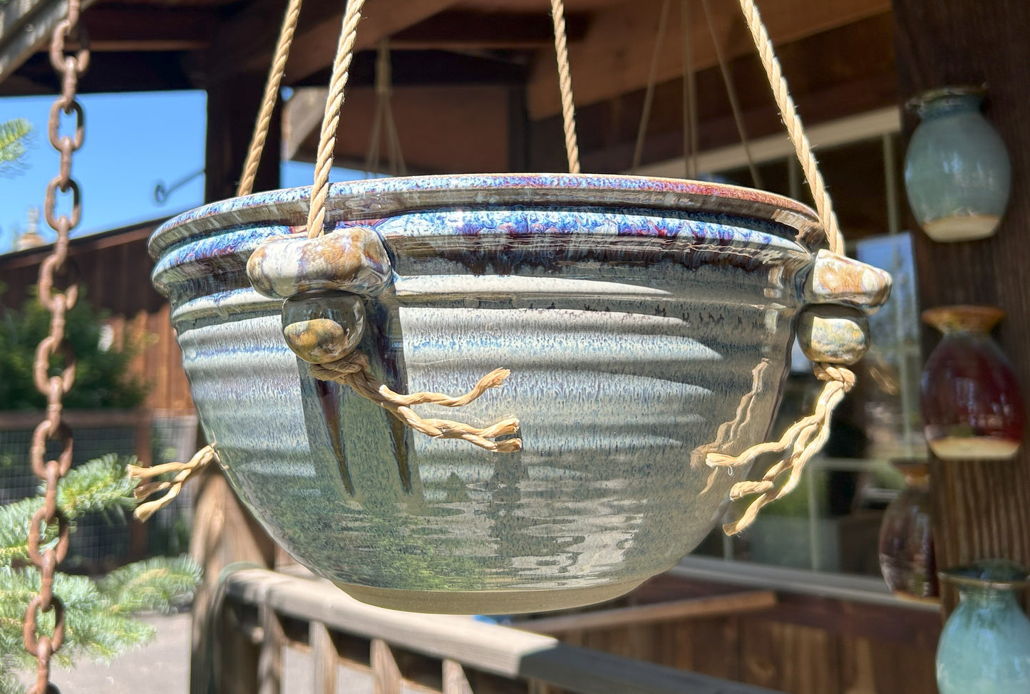 Hanging Pottery Planter with Handmade Beads - Made in Sisters, Oregon