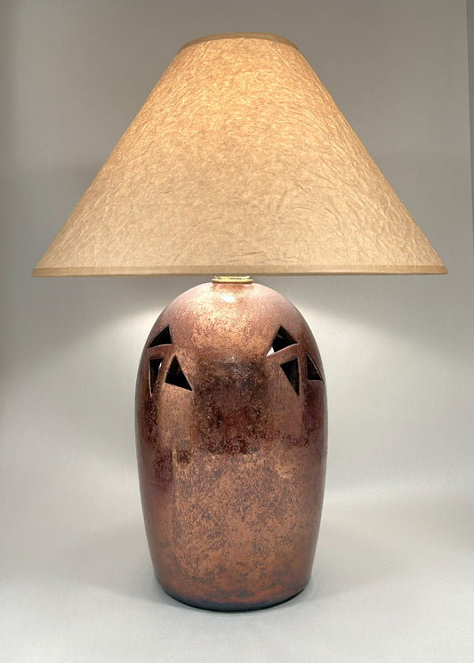 Handmade Raku Lamp with Copper Green Glaze - Wrinkled Paper Shade - Handmade Finial