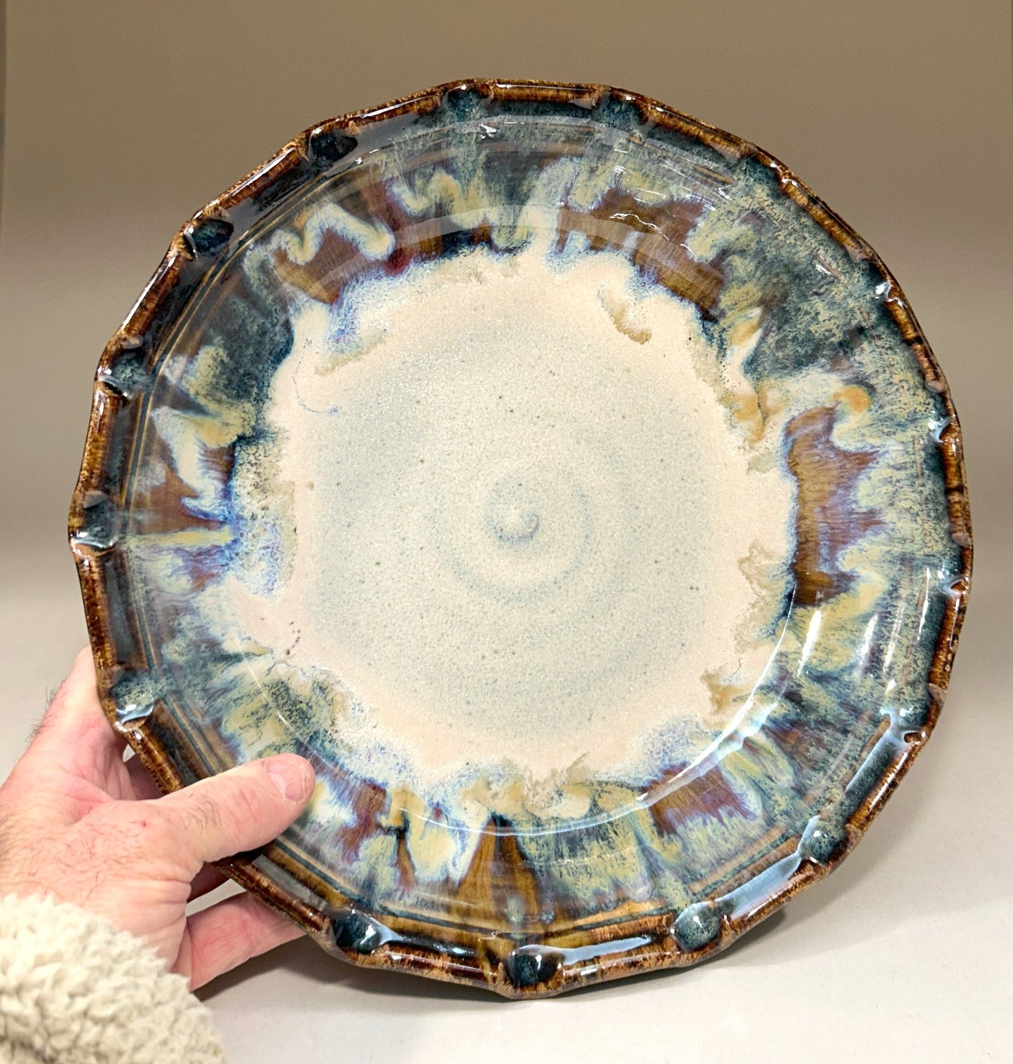 Handmade Pottery Pie Plate with Everything Glaze and Fluted Edge