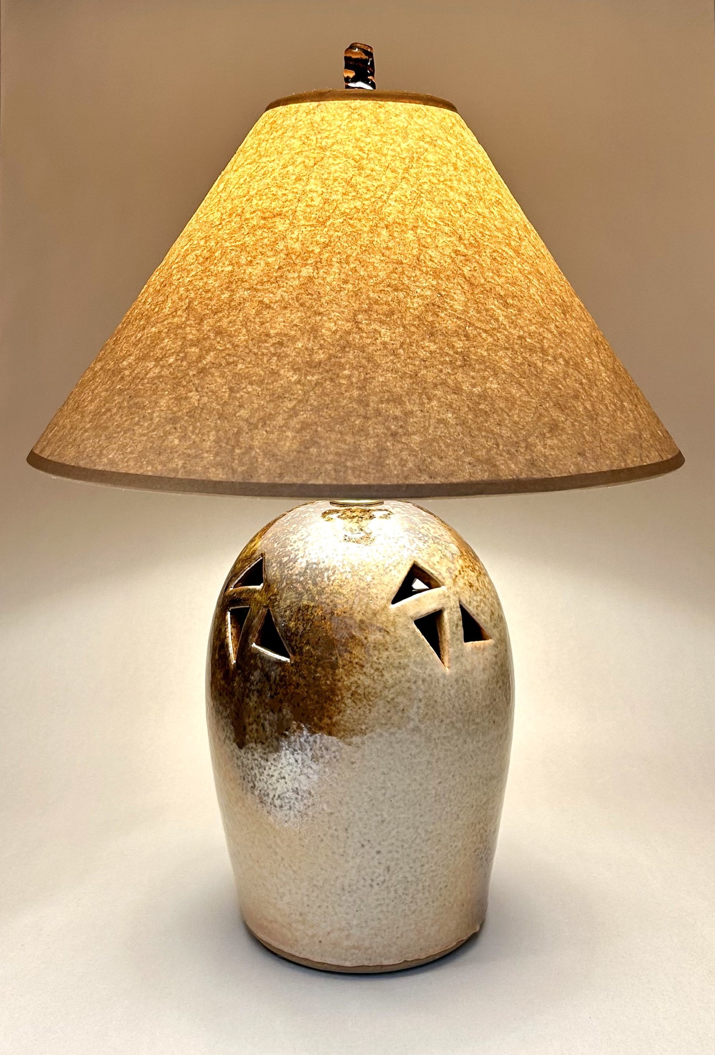 Handmade Pottery Lamp with Shino Glaze and Wrinkled Paper Shade