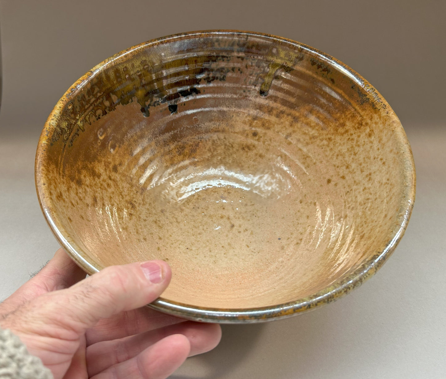 Pottery Mixing Bowl with Shino Glaze & Ash accents