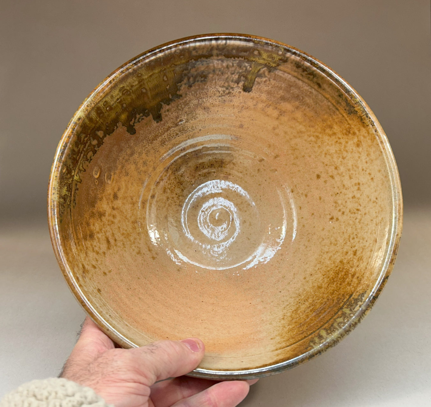 Pottery Mixing Bowl with Shino Glaze & Ash accents