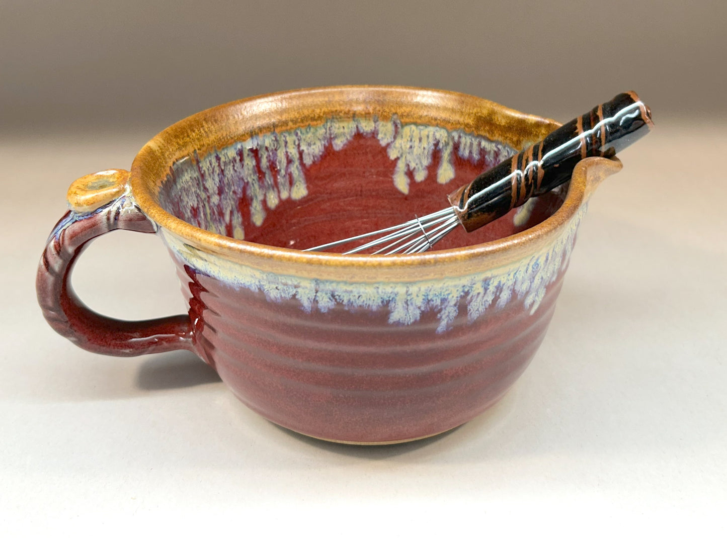 Handmade Pottery Batter Bowl with Whisk – Rustic Ceramic Mixing Bowl for Baking - Copper Red Glaze