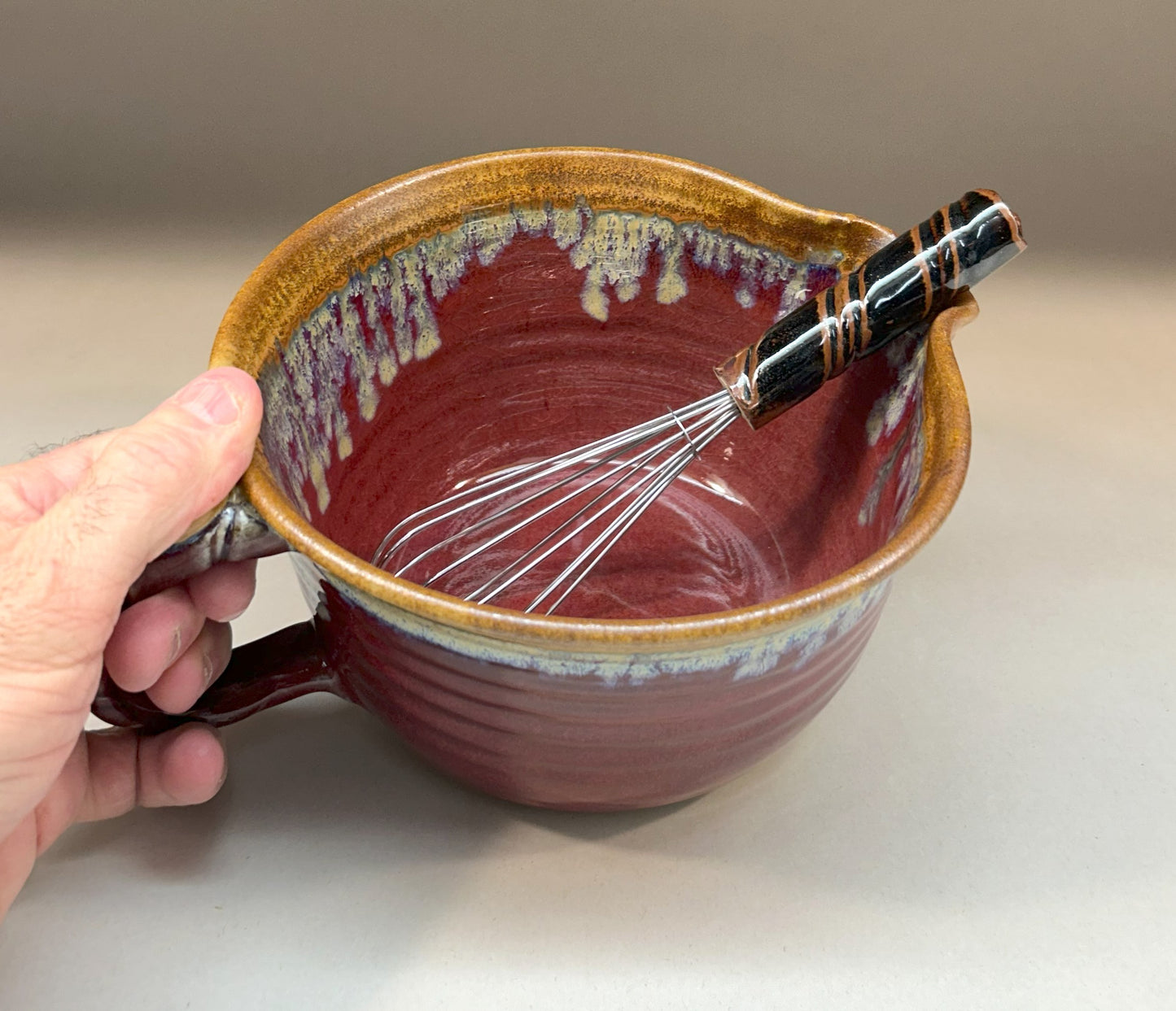 Handmade Pottery Batter Bowl with Whisk – Rustic Ceramic Mixing Bowl for Baking - Copper Red Glaze