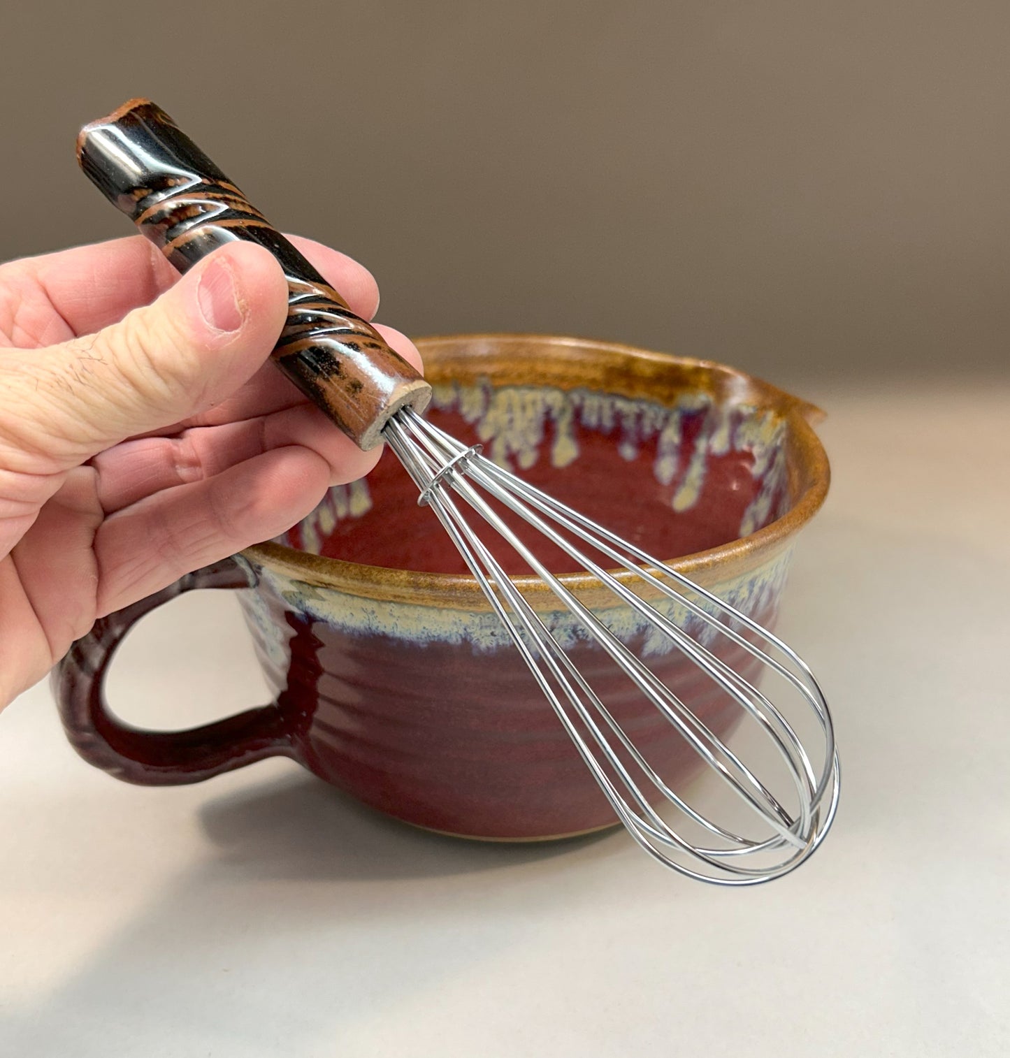 Handmade Pottery Batter Bowl with Whisk – Rustic Ceramic Mixing Bowl for Baking - Copper Red Glaze