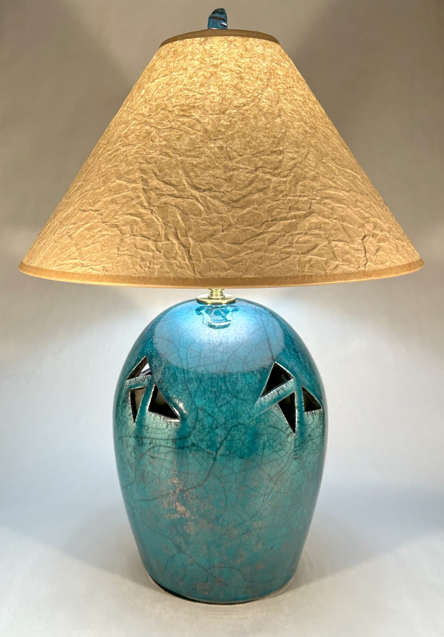 Handmade Raku Pottery Lamp - Copper Green Crackle Glaze - Wrinkled Paper Shade & Handmade Finial