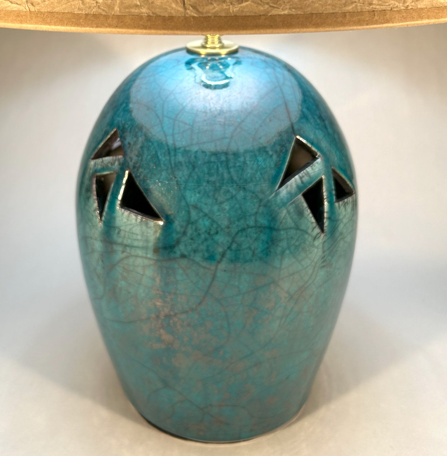 Handmade Raku Pottery Lamp - Copper Green Crackle Glaze - Wrinkled Paper Shade & Handmade Finial