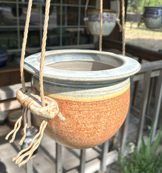 Handmade Hanging Pottery Planter with Natural Twine Hanger – Indoor Or Outdoor