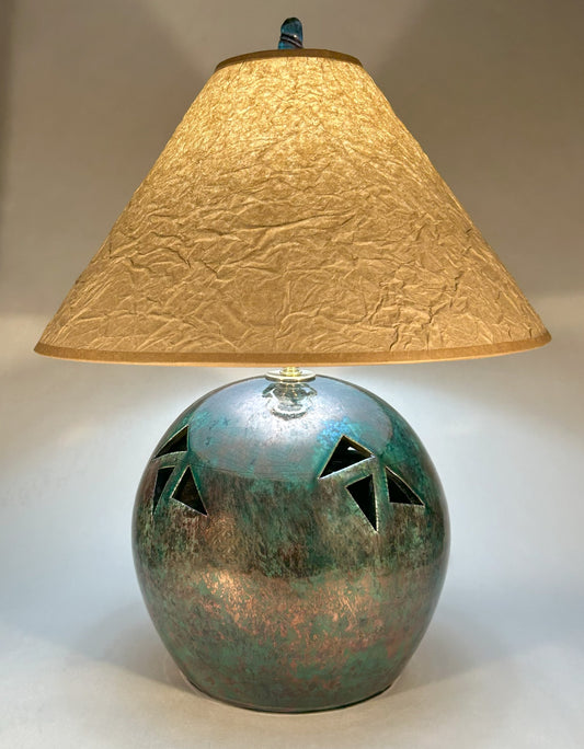 Handmade Raku Pottery Lamp - Copper Green Glaze - Wrinkled Paper Shade & Handmade Finial