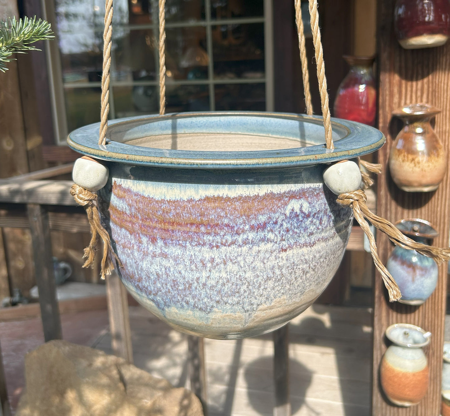 Handmade Hanging Pottery Planter with Natural Twine Hanger – Perfect for indoor or outdoor