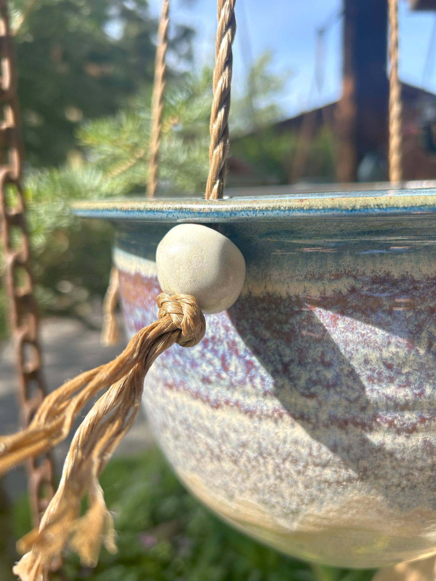 Handmade Hanging Pottery Planter with Natural Twine Hanger – Perfect for indoor or outdoor