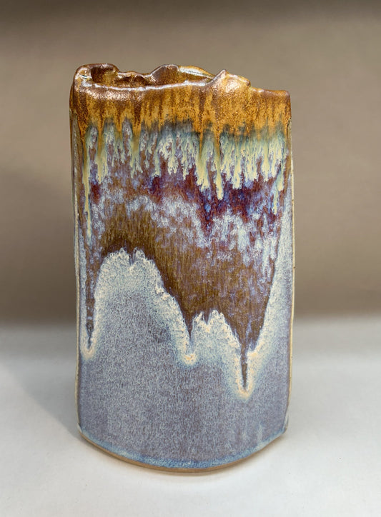 Hand-Built Slab Pottery Vase with Electric Blue and Iron Glaze – Unique Handmade Ceramic Home Decor