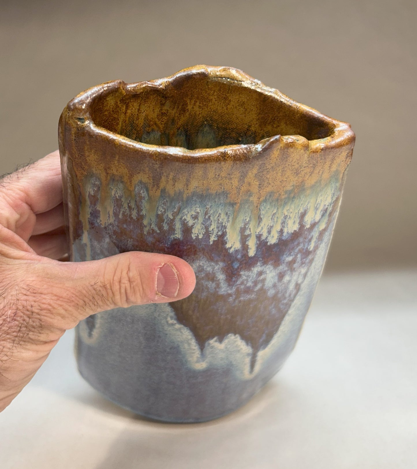 Hand-Built Slab Pottery Vase with Electric Blue and Iron Glaze – Unique Handmade Ceramic Home Decor