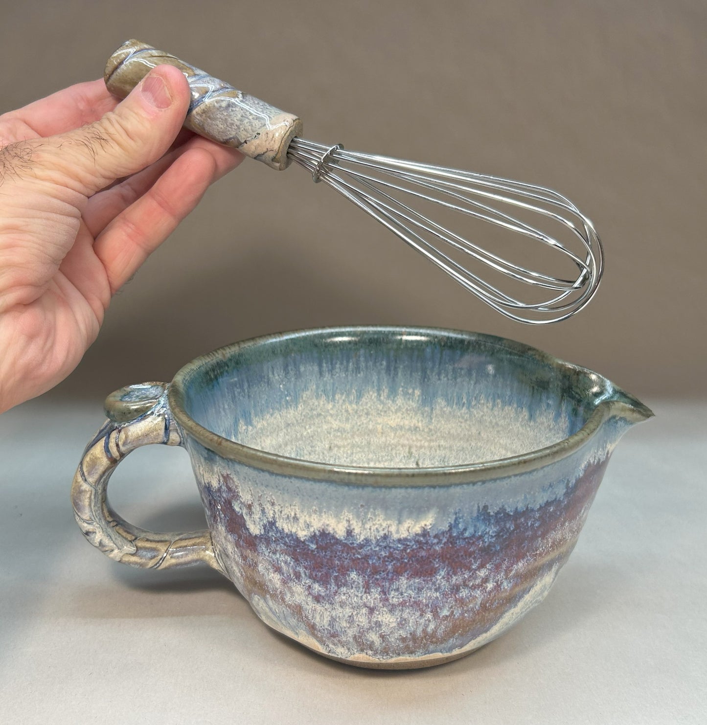 Handmade Pottery Batter Bowl – Stoneware Mixing Bowl with Handle & Spout