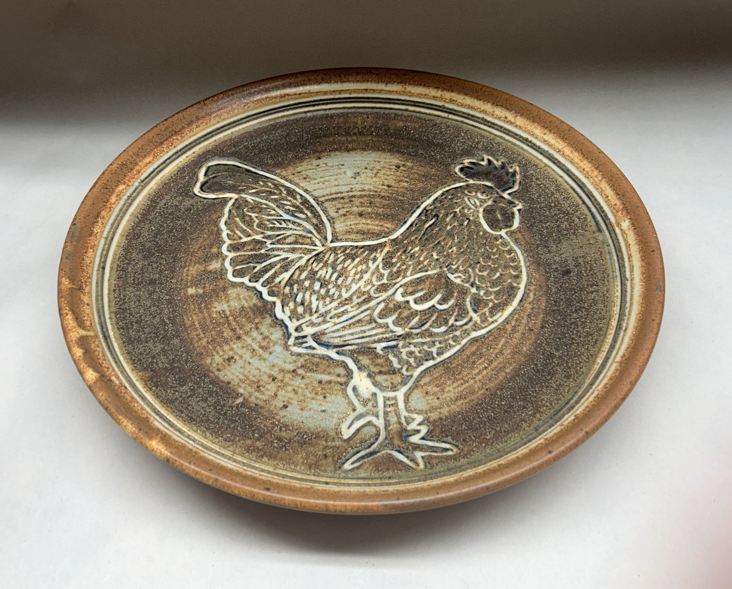 Handmade Pottery Platter with Carved Rooster Underglaze Design