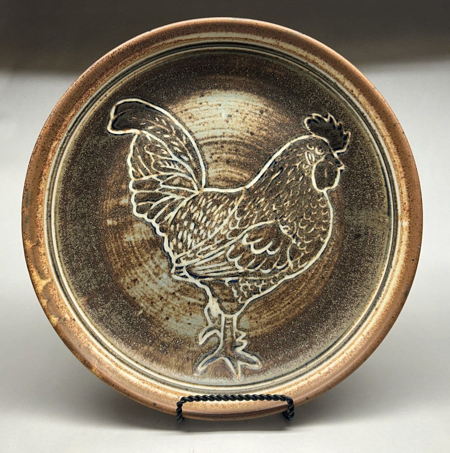 Handmade Pottery Platter with Carved Rooster Underglaze Design