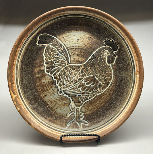 Handmade Pottery Platter with Carved Rooster Underglaze Design
