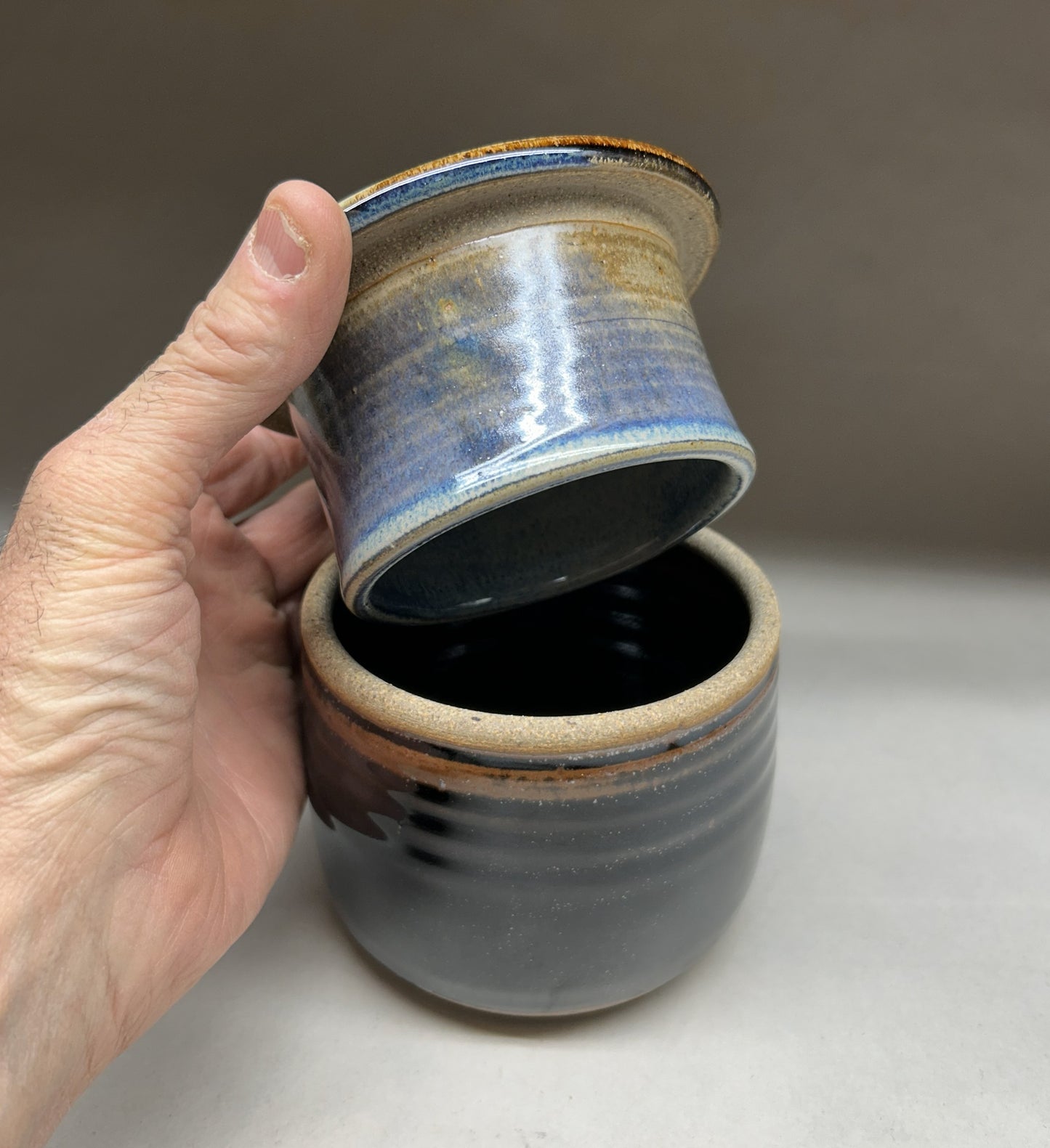 Handmade Pottery Butter Crock - Temoku Black & everything Glaze