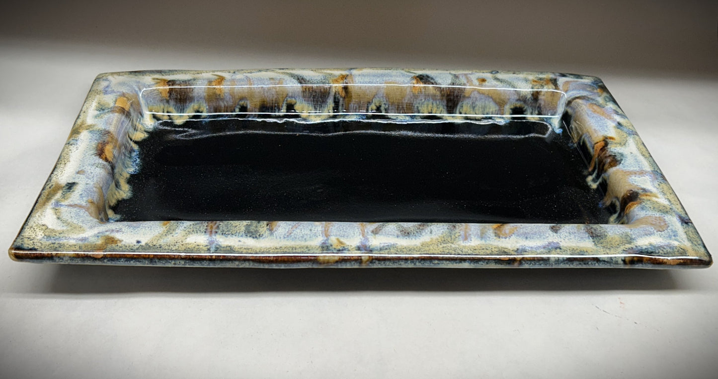 Handmade Rectangle Pottery Tray with Temoku Black & Everything Glaze
