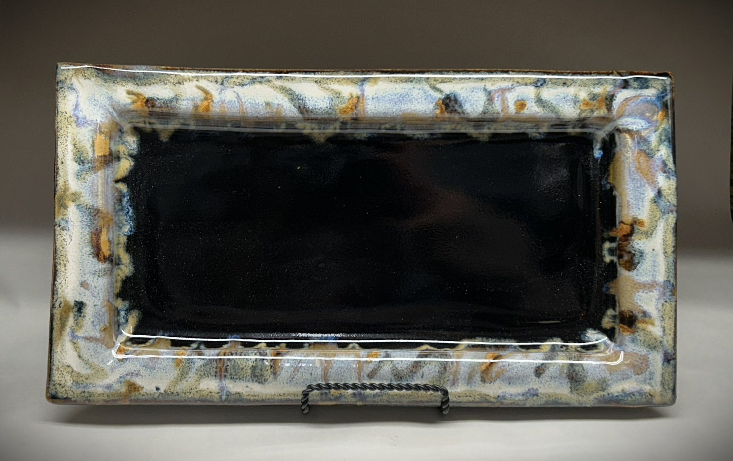 Handmade Rectangle Pottery Tray with Temoku Black & Everything Glaze