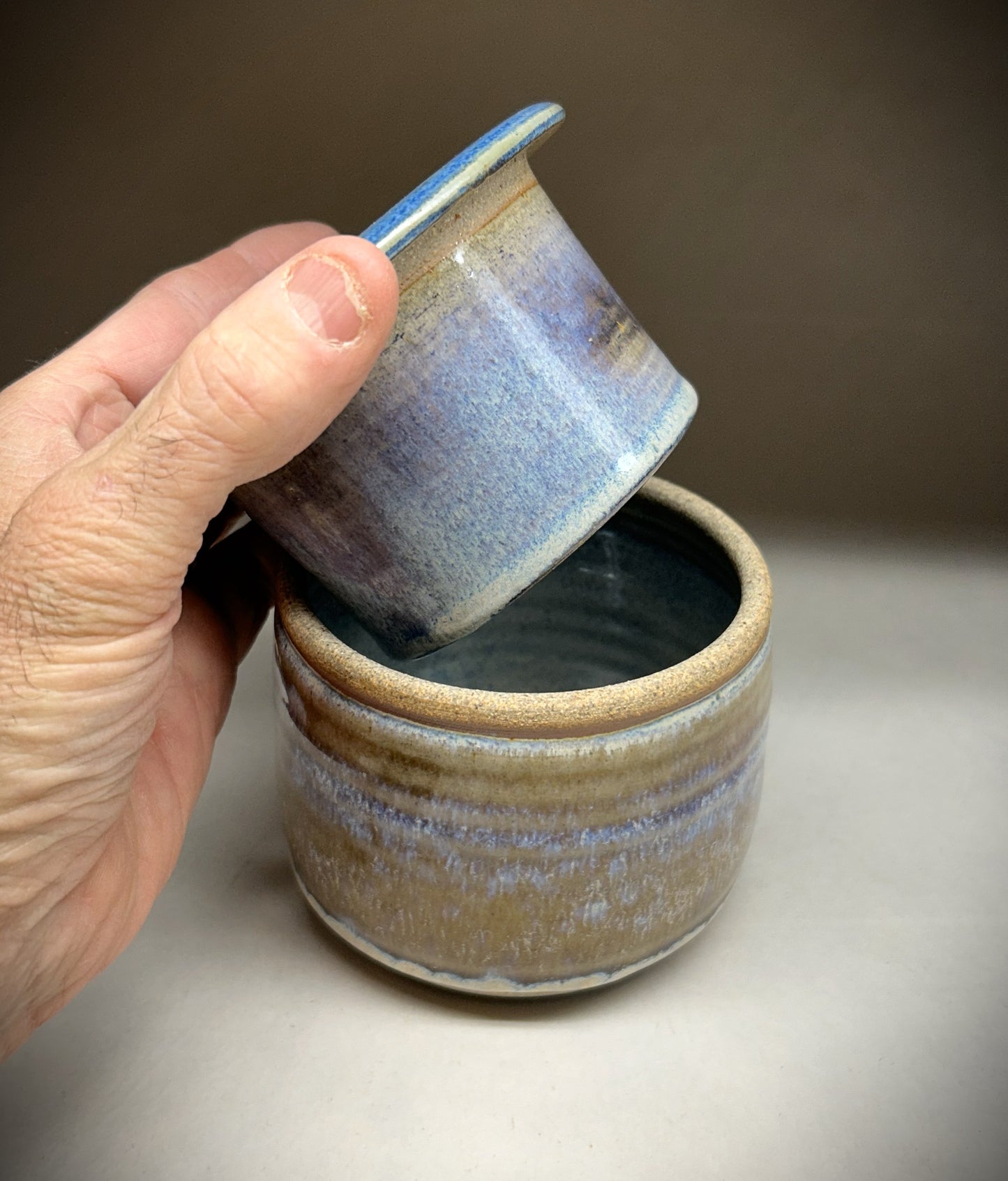 Handmade Pottery Butter Crock - Electric Blue Glaze
