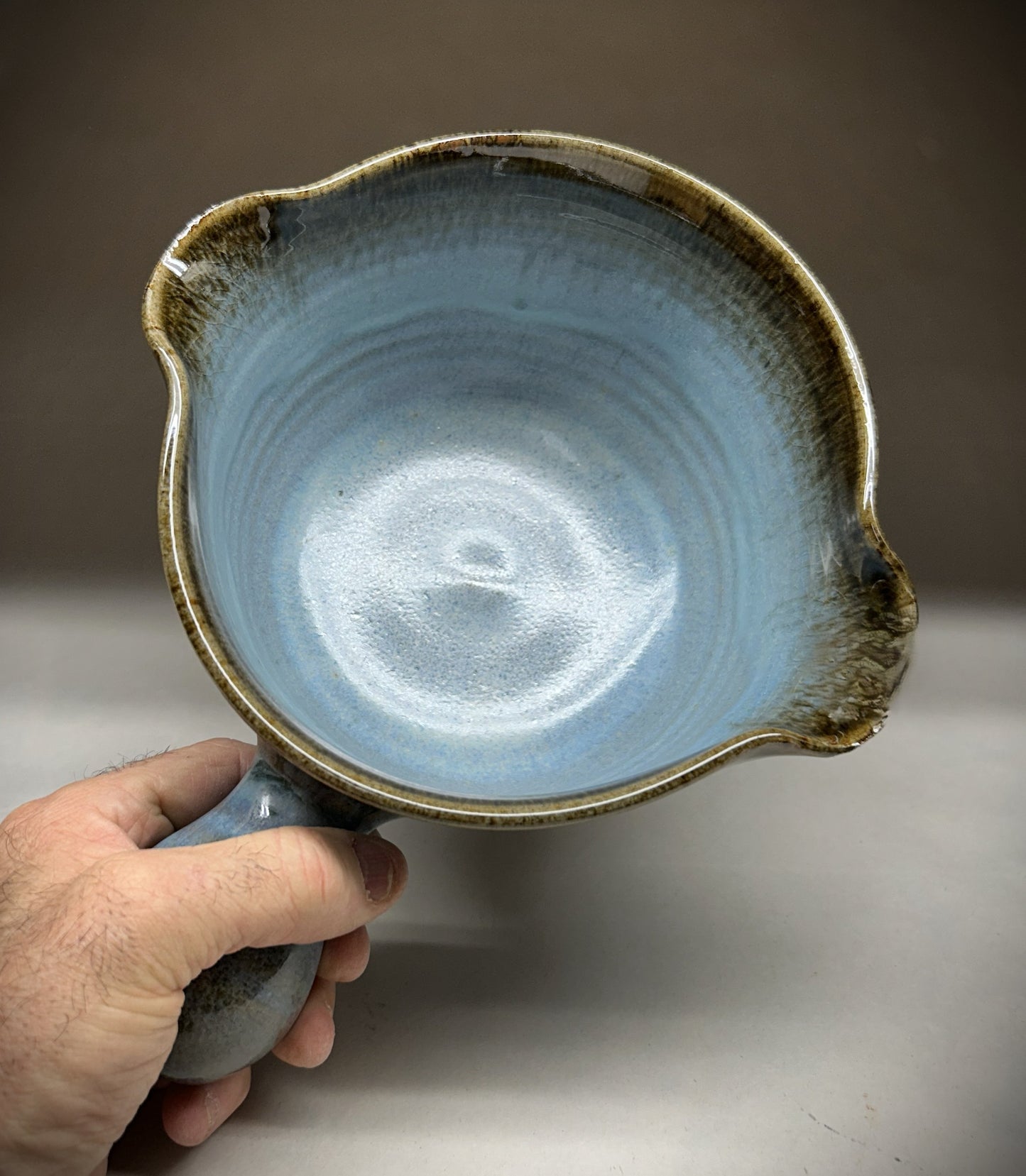 Handmade Pottery Mixing Bowl with Knob Handle & Pour Spouts