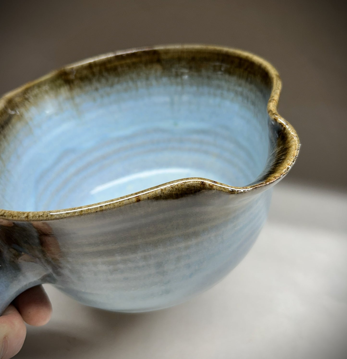 Handmade Pottery Mixing Bowl with Knob Handle & Pour Spouts
