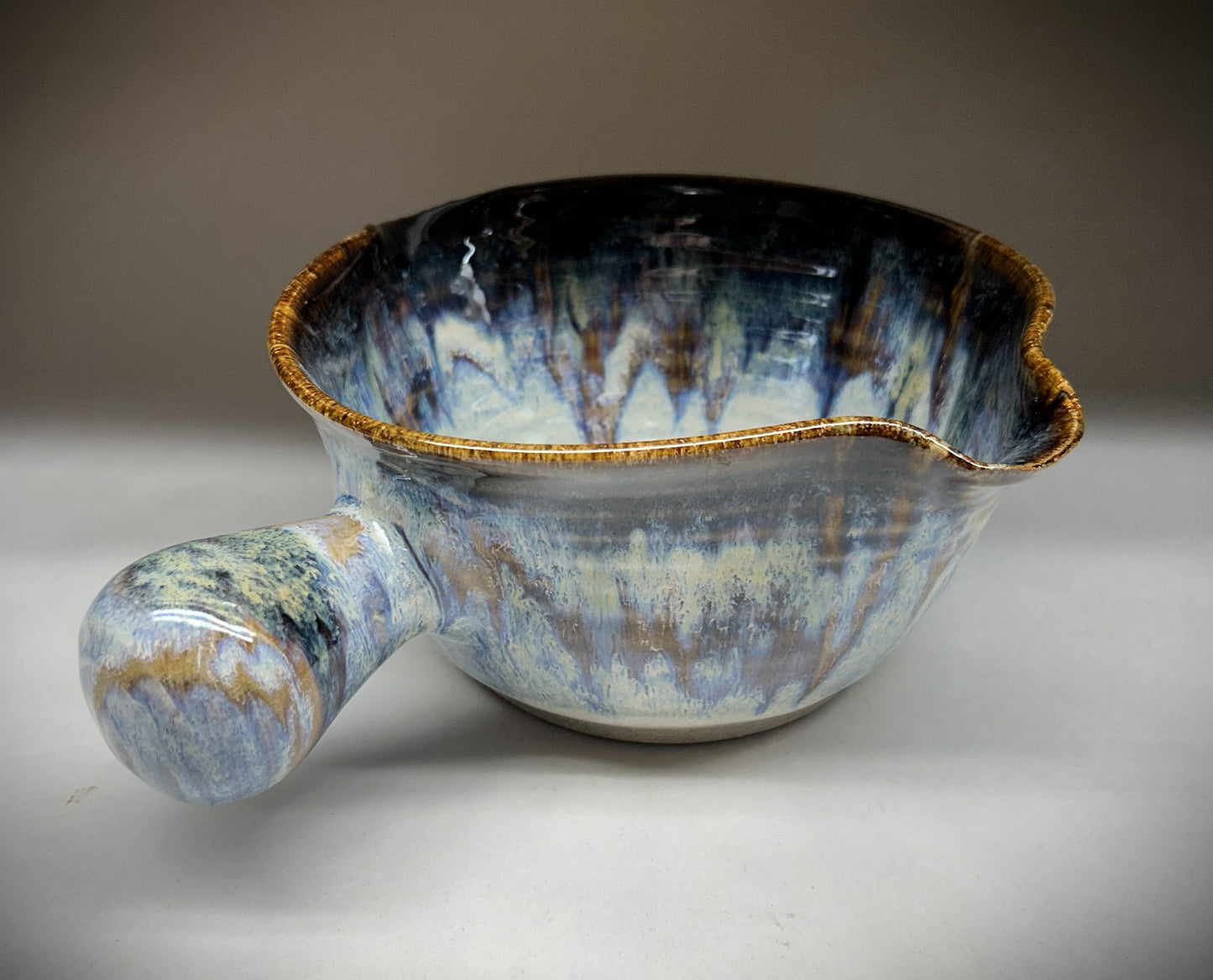 Handmade Pottery Mixing Bowl with Knob Handle & Pour Spouts